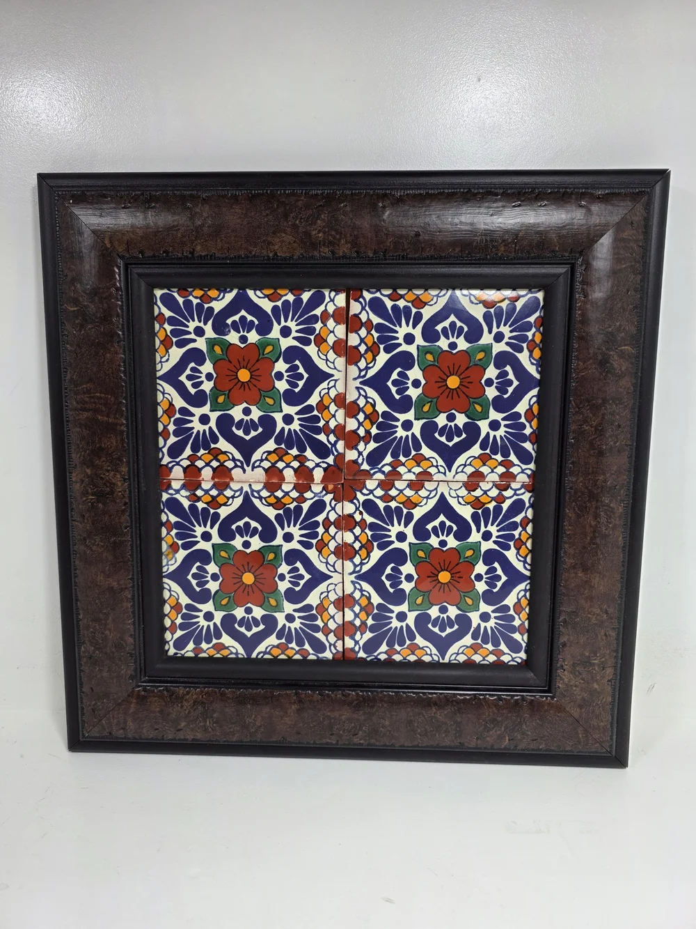 Handcrafted Colorful Floral Tile Wall Art - Brown Frame